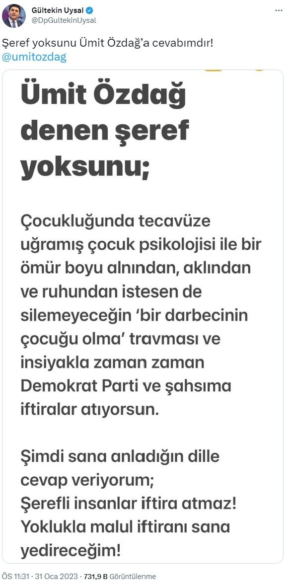 Gültekin Uysal'dan tepki çeken Ümit Özdağ paylaşımı! 'Tecavüze uğramış çocuk psikolojisi...'
