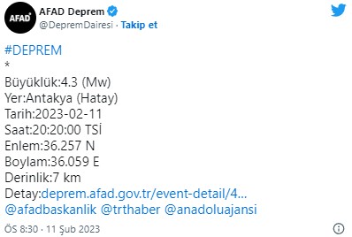 Hatay'da Antakya'da 4.3 büyüklüğünde deprem!