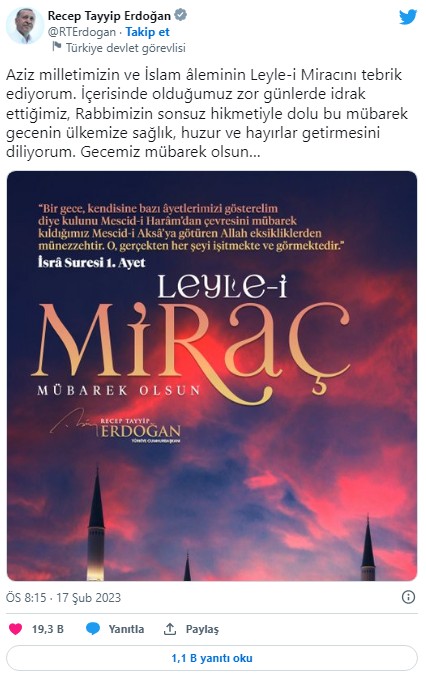 Başkan Erdoğan'dan Miraç Kandili mesajı