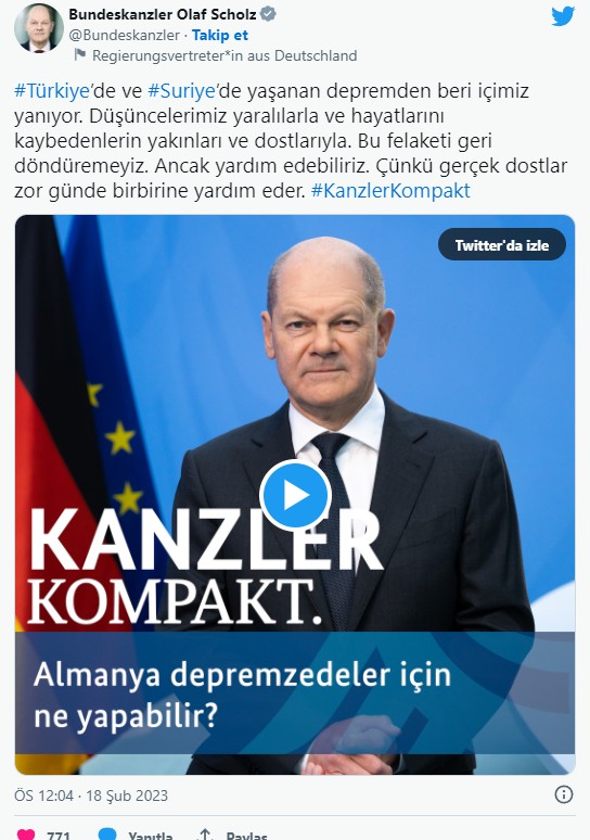 Alman Başbakanı Scholz'dan Türkçe deprem mesajı: Gerçek dost kötü günde belli olur