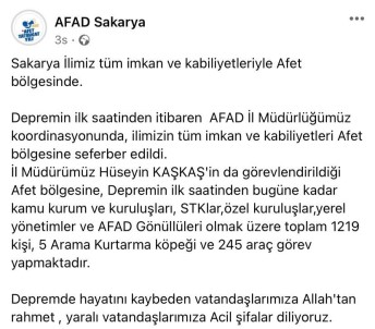 Sakarya'dan Bin 219 Kisi Felaket Bölgesinde Görev Yapiyor