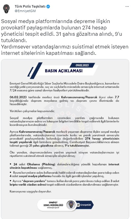 Provokatif paylaşım yapan 9 kişi tutuklandı