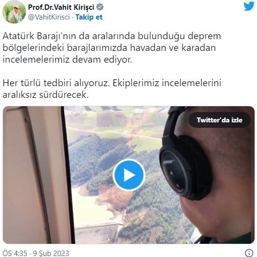 Bakan Kirişci, deprem bölgelerindeki barajlardaki incelemelerin devam ettiğini bildirdi