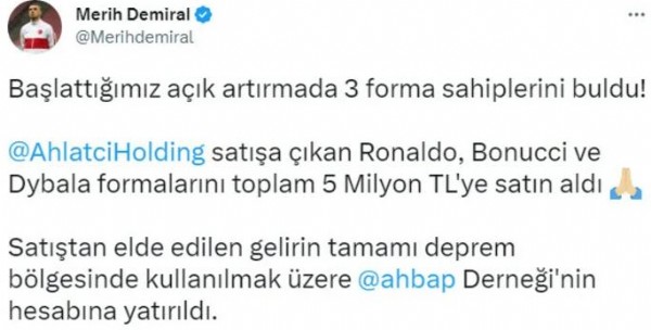 Ronaldo, Dybala ve Bonucci'nin formaları afetzedeler için 5 milyon liraya satıldı