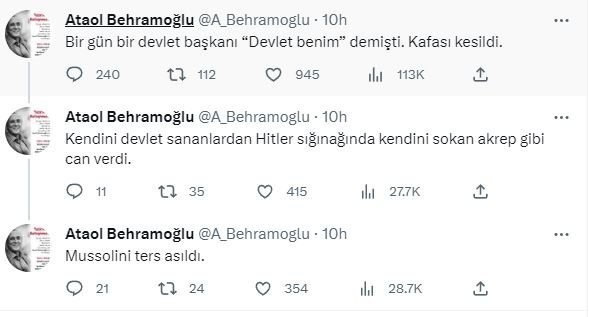 CHP yandaşı yazar Ataol Behramoğlu'ndan ölüm tehdidi: “Bir gün bir devlet başkanı…”