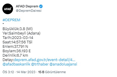 Adana’da 3.8 büyüklüğünde deprem