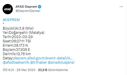 Malatya sabaha karşı sallandı!