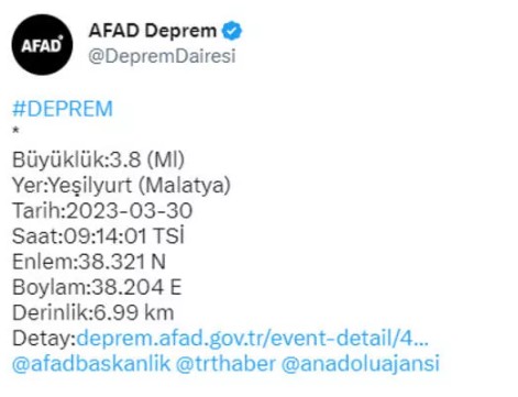 Malatya'da 3.8 büyüklüğünde deprem!