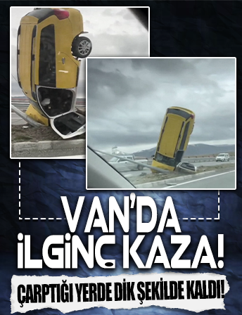 Van'da garip kaza: Elektrik direğine çarpan araç dik şekilde kaldı