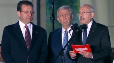 Kılıçdaroğlu ile birlikte sahneye çıkan İmamoğlu ve Yavaş'ın asık yüzü dikkat çekti