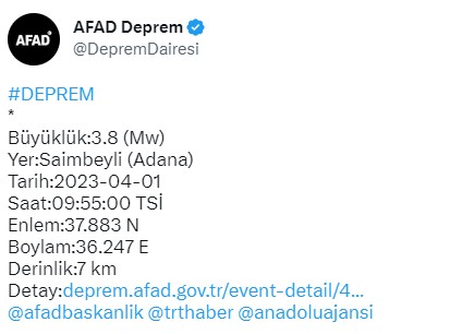 Adana'da 3.8 büyüklüğünde deprem