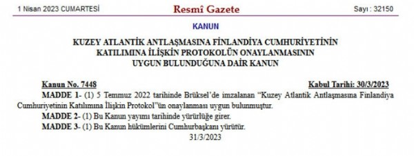 Finlandiya'nın NATO'ya katılımına onay Resmi Gazete'de