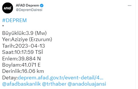 Erzurum'da 3.9 büyüklüğünde korkutan deprem