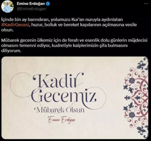 Emine Erdoğan'dan Kadir Gecesi mesajı