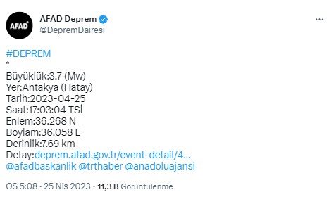 Hatay'da 3.7 büyüklüğünde deprem