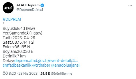 Hatay'da deprem meydana geldi