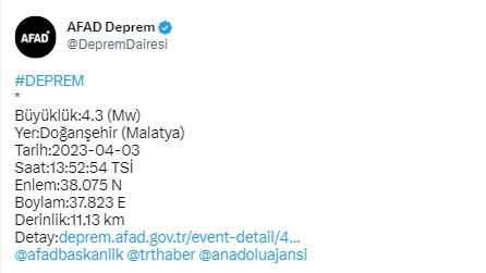 Malatya'da 4.3 şiddetinde deprem!