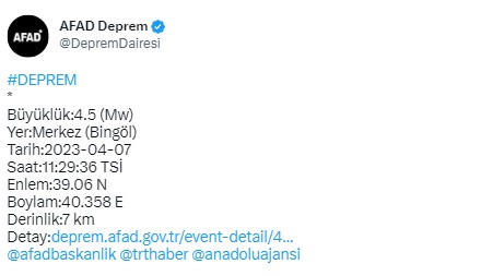 Bingöl'de 4.5 büyüklüğünde deprem!