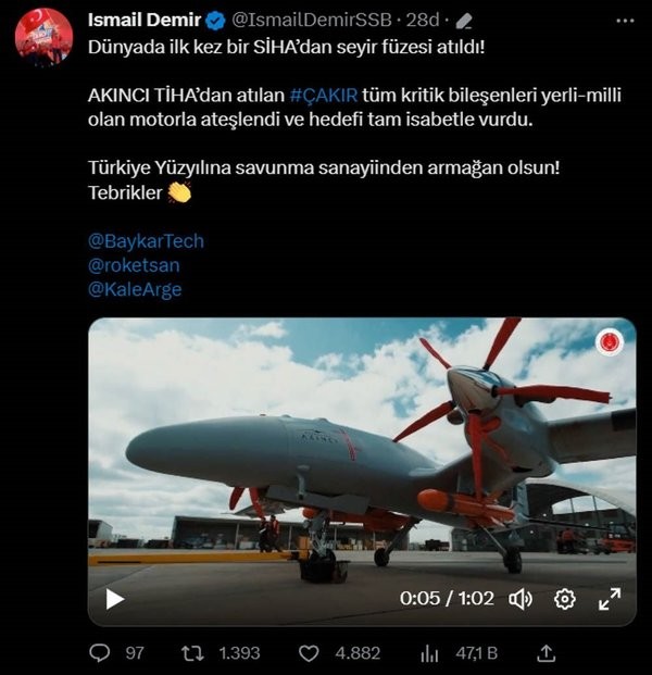 Dünyada ilk! Yerli füze ÇAKIR, Akıncı TİHA’dan atıldı