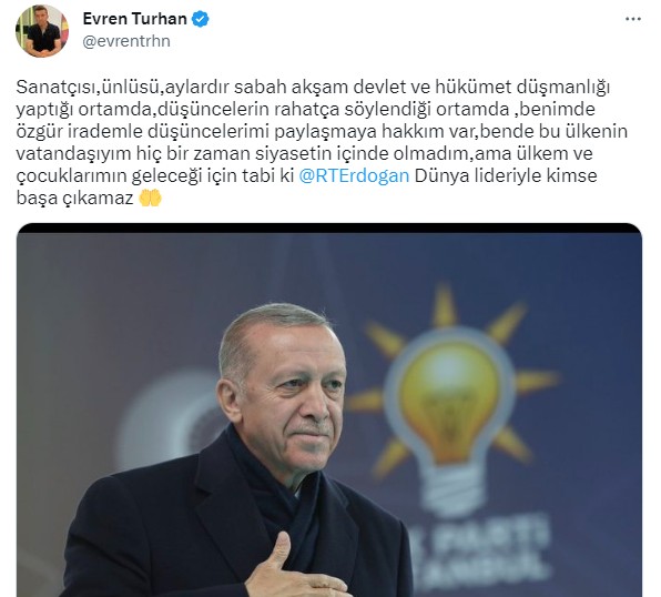 Başkan Erdoğan'a destek paylaşımı yapan Evren Turhan linç yedi! Muhalefete destek verenleri tebrik eden troller tam tersi görüşü hazmedemedi