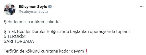 Şehitlerimizin intikamı alındı! Bakan Soylu duyurdu: 5 terörist sarı torbada