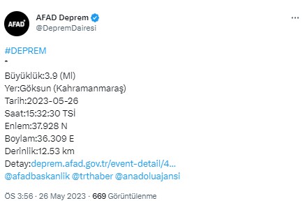 Kahramaraş'ta 3.9 büyüklüğünde deprem...