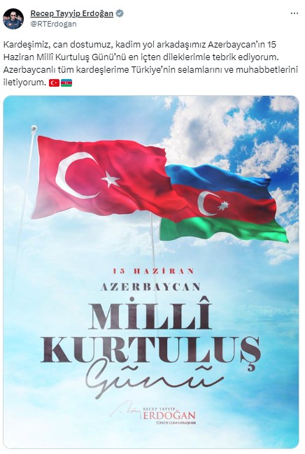 Başkan Erdoğan, Azerbaycan Milli Kurtuluş Günü'nü kutladı