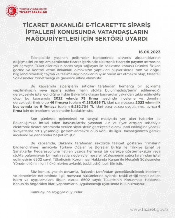 Ticaret Bakanlığı'ndan 'E-Ticaret’te Sipariş İptalleri' için önemli açıklama
