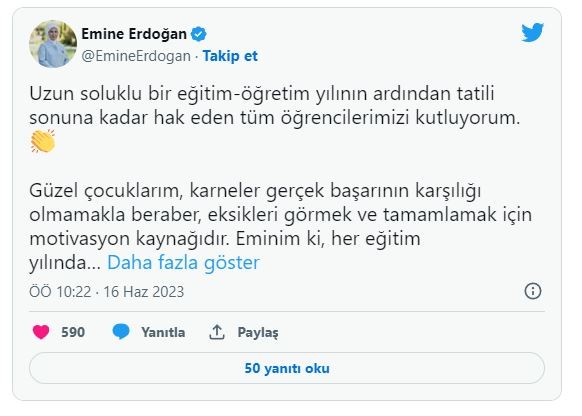 Emine Erdoğan'dan karne günü mesajı