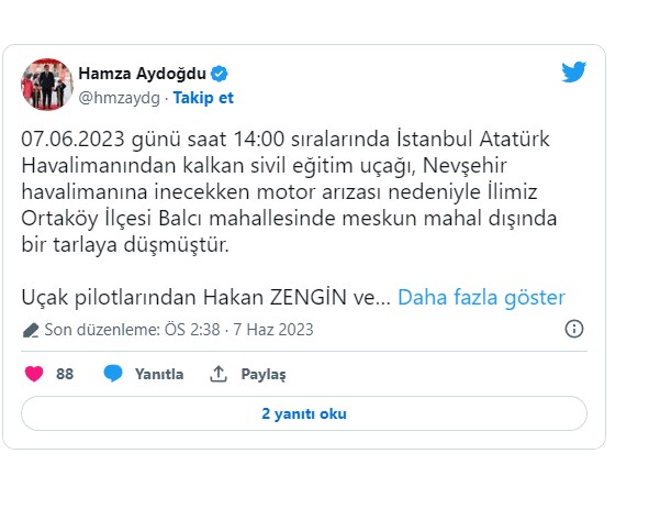 Aksaray'da eğitim uçağı düştü!