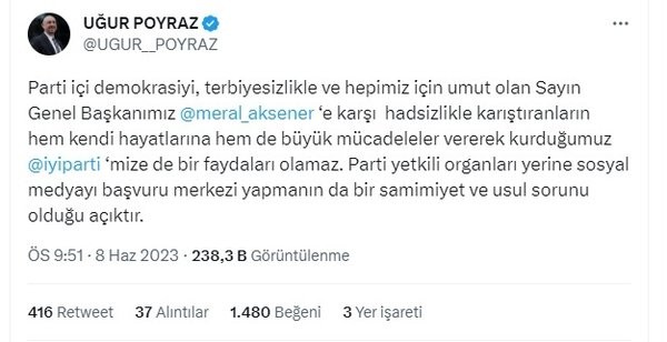 İYİ Parti'li Uğur Poyraz'dan parti içine manifesto: 'Akşener'e karşı terbiyesizlik ve hadsizlik...'
