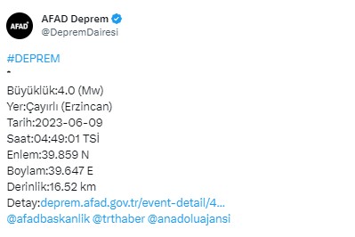 Erzincan'da 4 büyüklüğünde deprem
