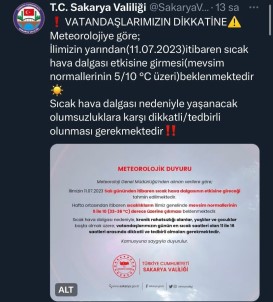 Sakarya Valiligi Bu Kez Sicak Hava Için Uyardi