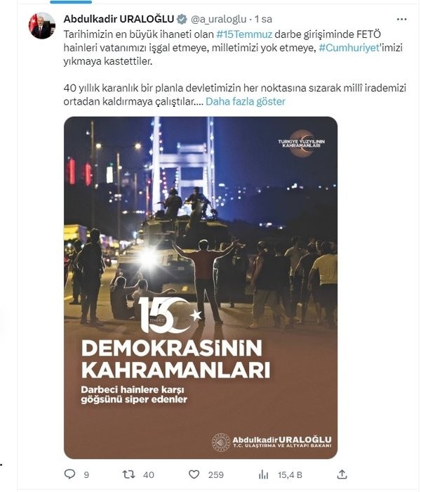 Bakanlardan 15 Temmuz paylaşımları: Karanlık oyunlar destansı direnişle bozuldu