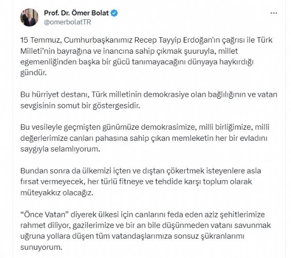Bakanlardan 15 Temmuz paylaşımları: Karanlık oyunlar destansı direnişle bozuldu