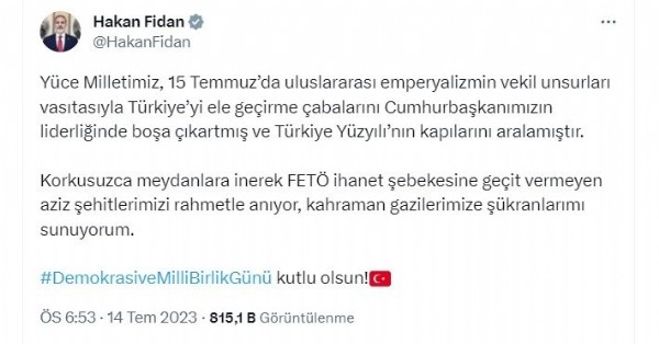 Bakanlardan 15 Temmuz paylaşımları: Karanlık oyunlar destansı direnişle bozuldu