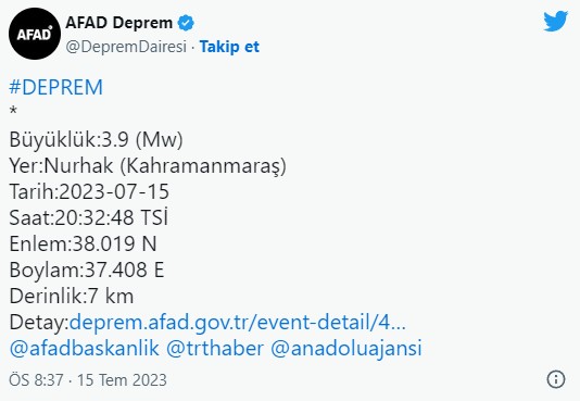 Kahramanmaraş'ta korkutan deprem: 3.9 ile sallandı