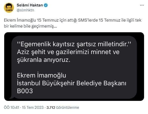 CHP'li İBB Başkanı Ekrem İmamoğlu'ndan tepki çeken SMS! Ne 15 Temmuz dedi ne de FETÖ