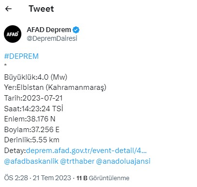 Kahramanmaraş'ta 4.0 şiddetinde deprem