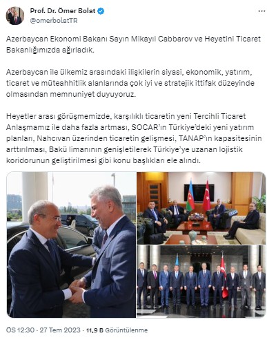 Bakan Bolat, Azerbaycan Ekonomi Bakanı ile görüştü