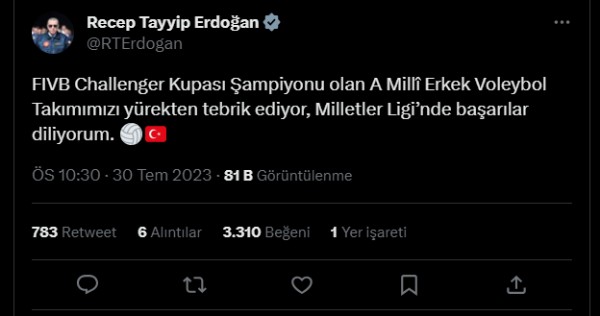 Başkan Erdoğan'dan A Milli Erkek Voleybol Takımı'na tebrik