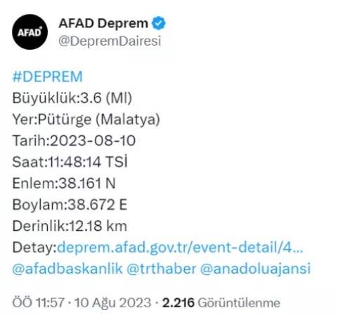 Malatya'da 3.6 şiddetinde deprem