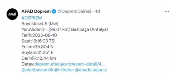 Antalya açıklarında 4.5 büyüklüğünde deprem