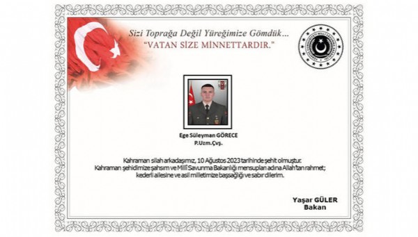 MSB: Pençe-Kilit bölgesinde 1 asker şehit oldu