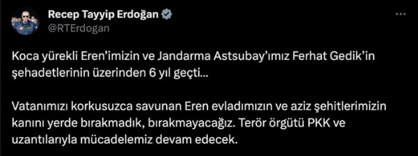 Başkan Erdoğan'dan Eren Bülbül ve Ferhat Gedik paylaşımı