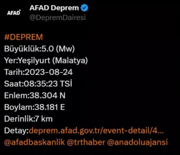 Malatya'da 5 büyüklüğünde deprem