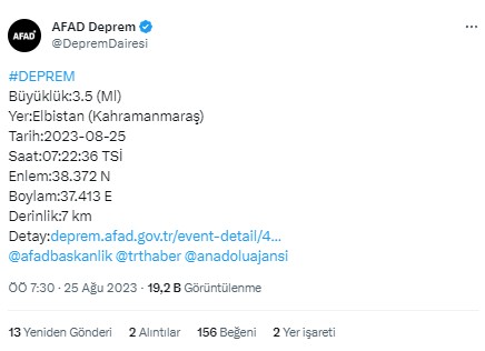 Kahramanmaraş'ta deprem meydana geldi