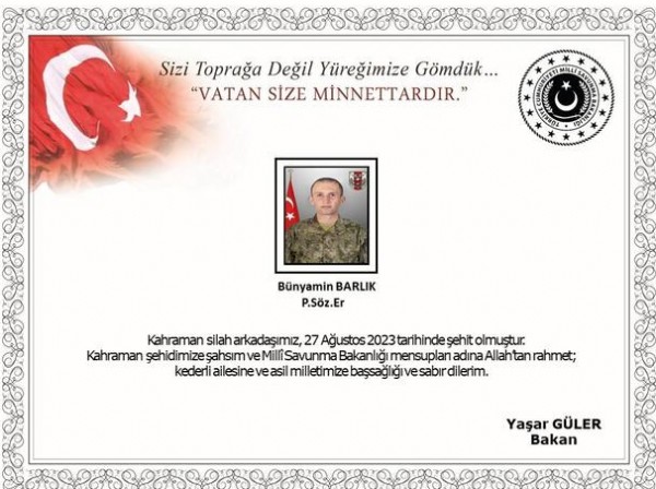 MSB: Pençe-Kilit bölgesinde 1 asker şehit oldu