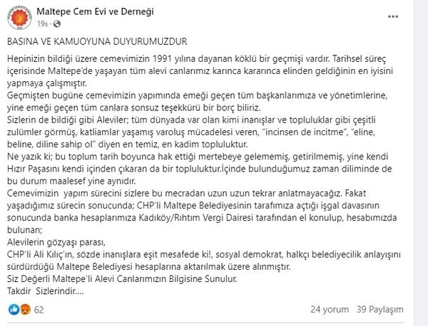 CHP’li Maltepe Belediyesi’nden skandal: 32 yıllık Cemevinin banka hesabına el koydu!