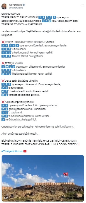 Bakan Yerlikaya: Son iki ayda 172 terörist etkisiz hale getirildi